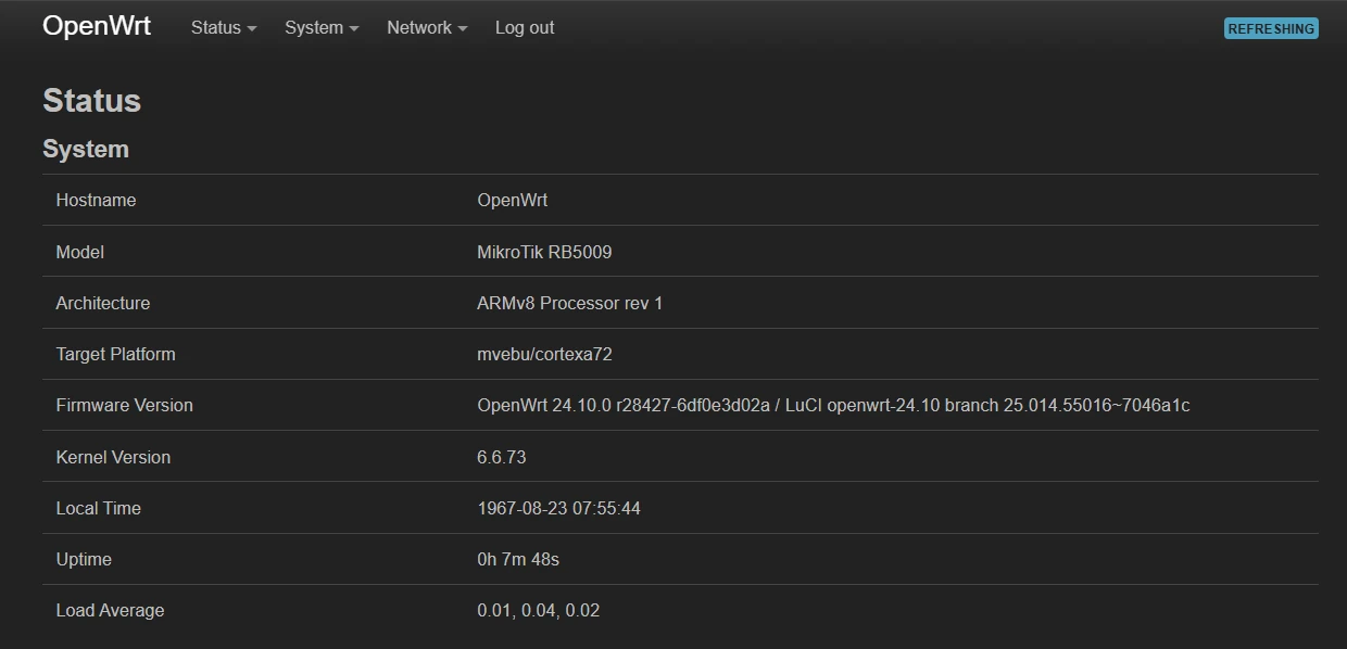 LuCI overview confirming OpenWrt 24.10.0 running on the MikroTik RB5009